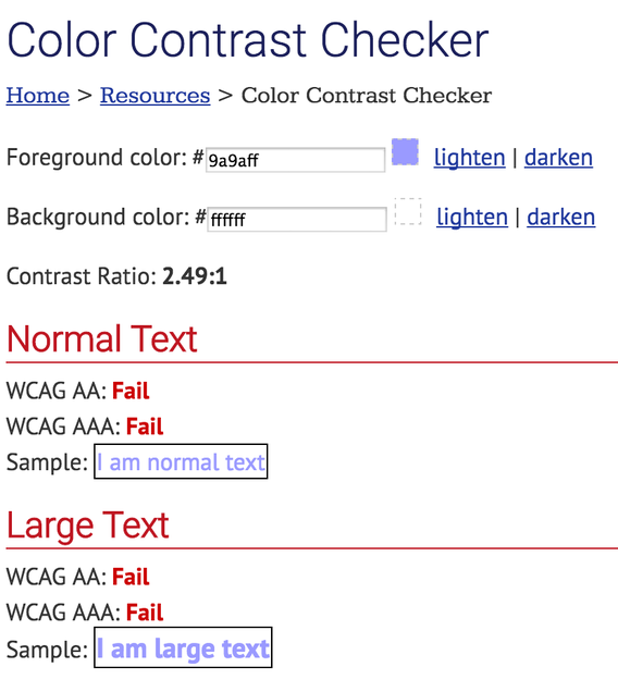 Failed color contrast checker results