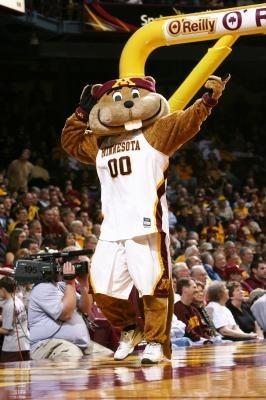 Goldy Gopher on a basketball court