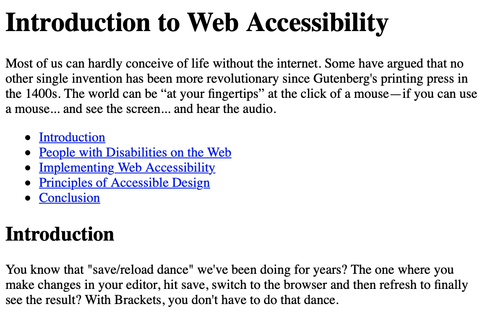Anchor links without a label on an example Introduction to Web Accessibility page